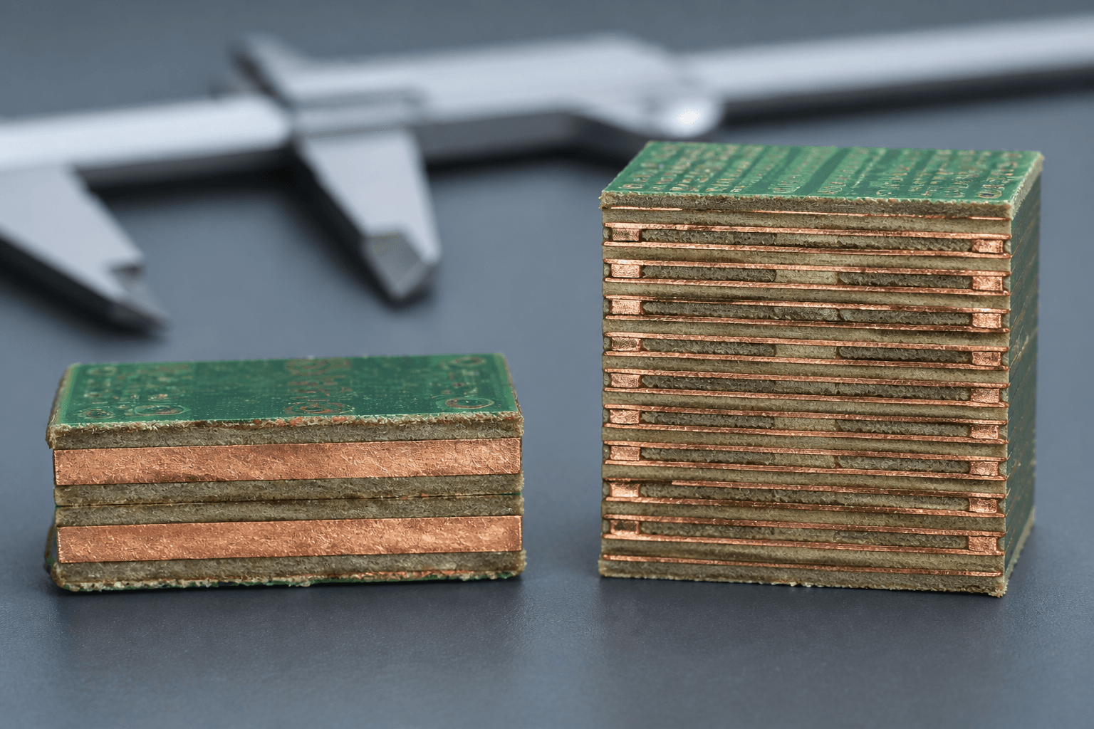 Close-up photo of two PCB cross-section coupons side by side, one with only a few layers and one with many thin stacked layers