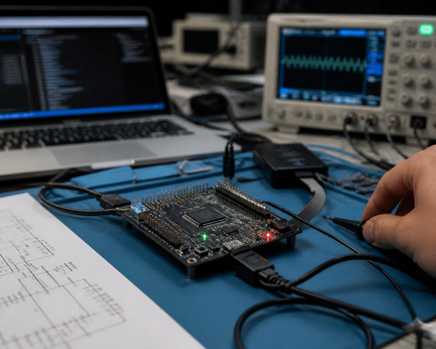 electronics lab bench with a powered prototype board connected to a laptop and test instruments