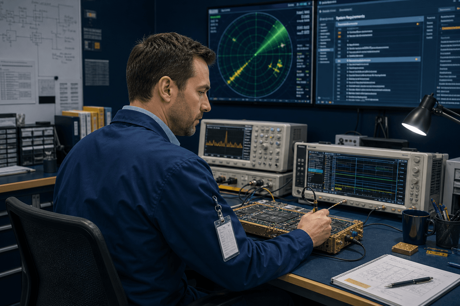 Cleared FPGA engineer working on DO-254 avionics board in secure lab