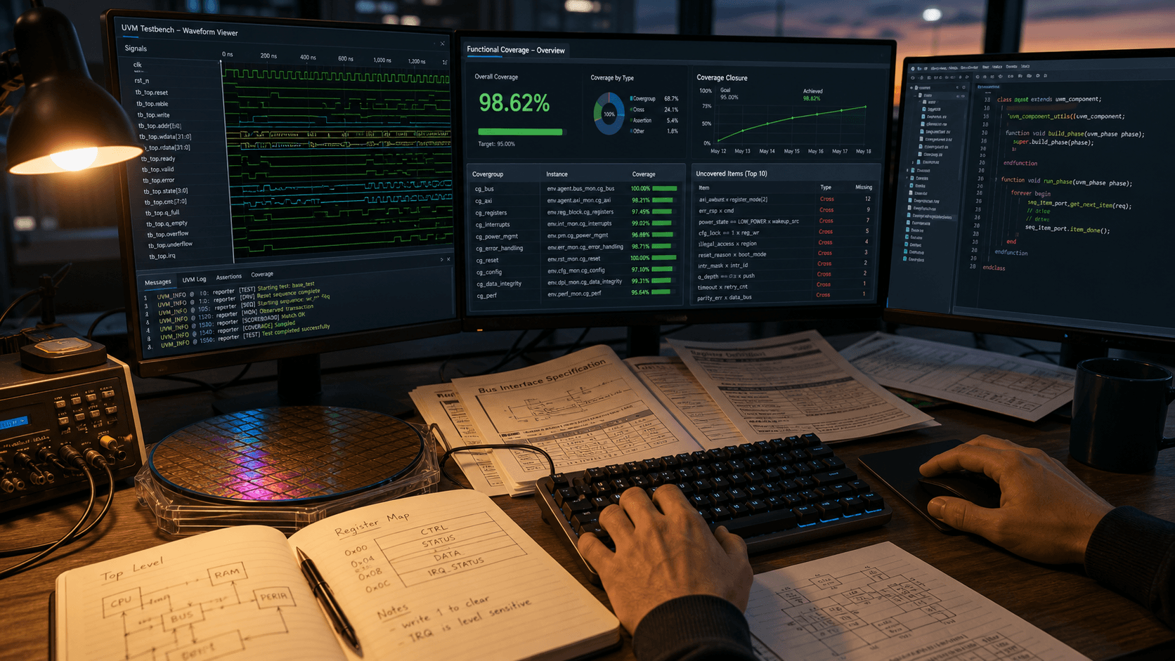 Close-up of a verification engineer’s workstation with multiple monitors showing UVM waveforms.