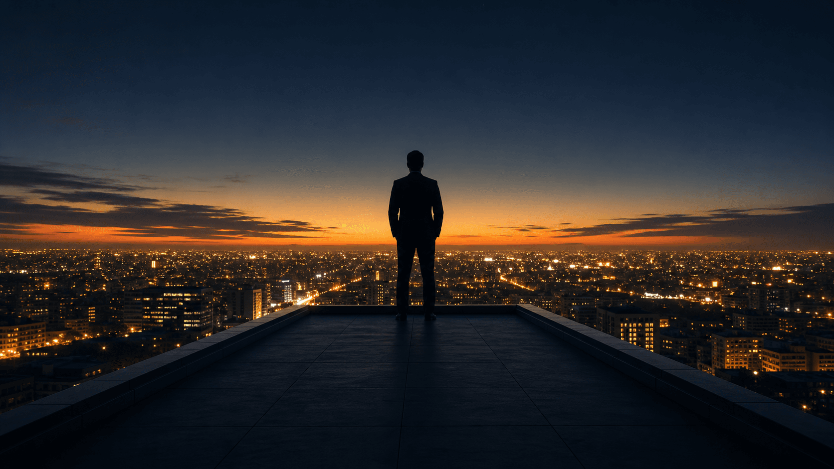 A lone silhouetted figure stands on the edge of a dark rooftop platform at dusk, calmly overlooking.