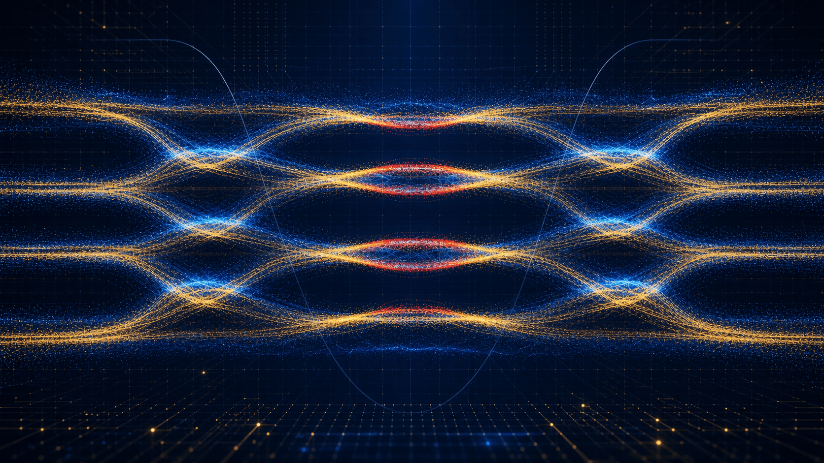 Abstract 112G PAM4 eye diagram showing four noisy signal levels with narrow eye openings and realistic jitter