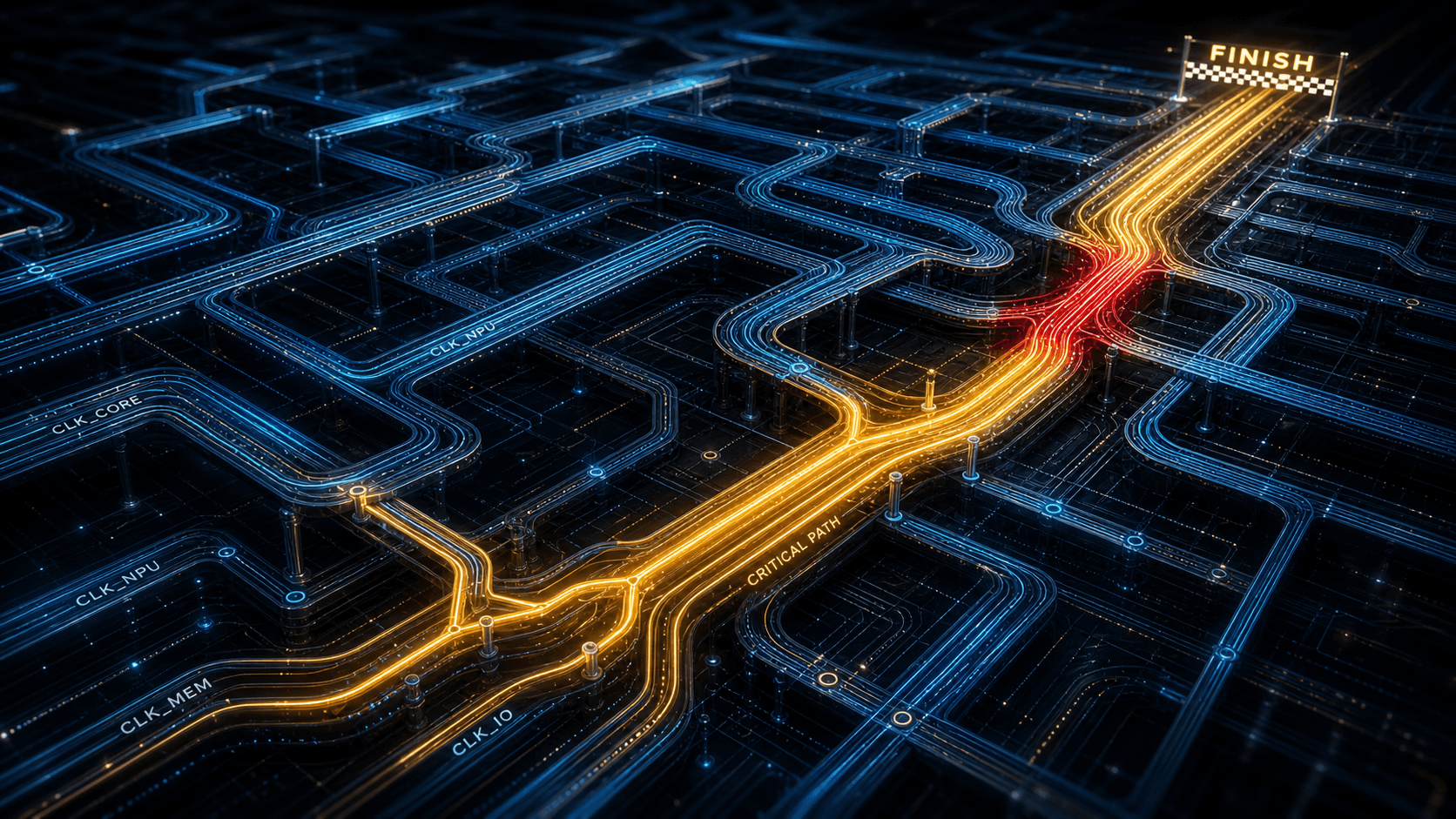 Abstract overhead racetrack made of metallic lanes in blue and gold