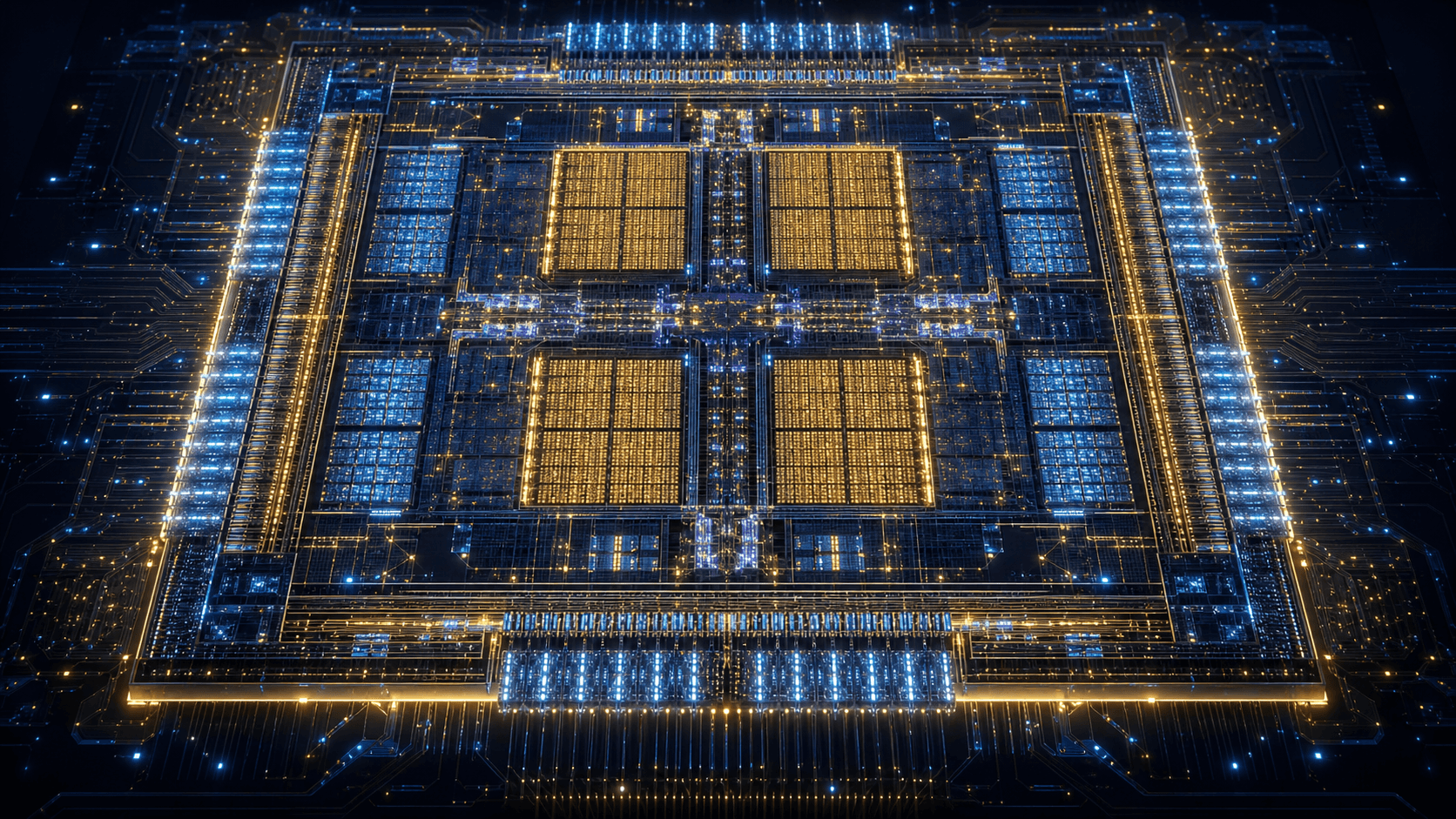 Abstract top-down view of an AI accelerator die and interposer with highlighted compute, SerDes, HBM PHY, and packaging regions