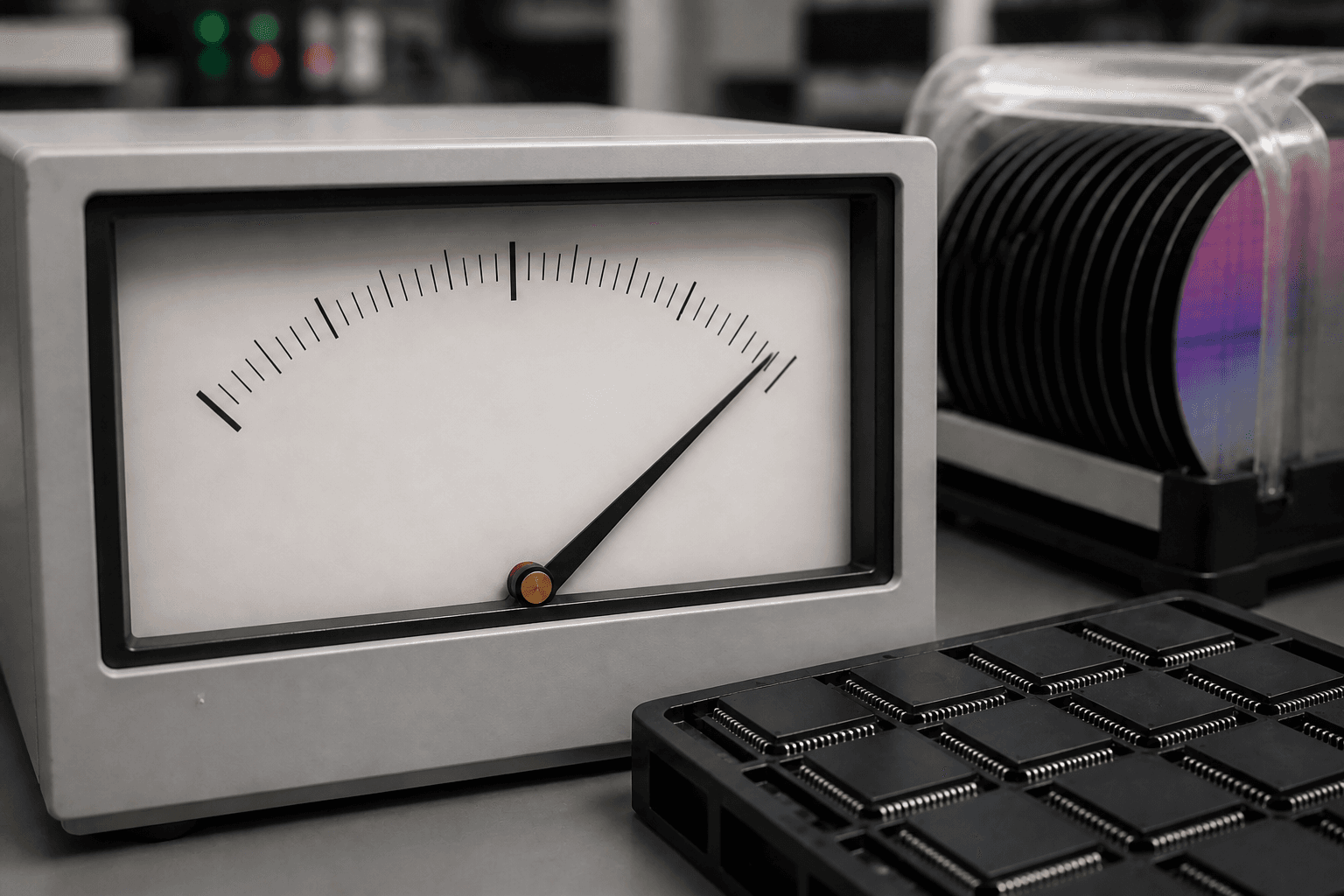 Close-up of an analog-style meter on a semiconductor test bench with its needle near the high side next to a blurred stack of chips