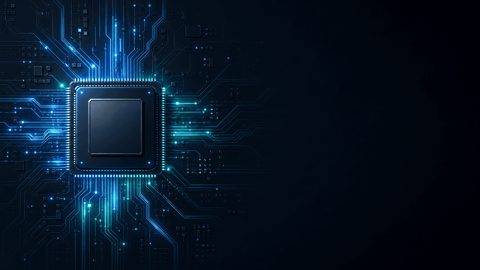 single stylized SoC chip from a top-down view on a dark background