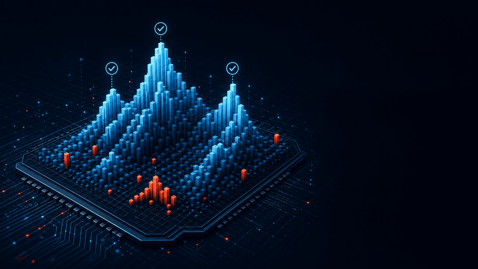 a large 3D bar graph or ‘coverage mountain’ rising from a dark grid