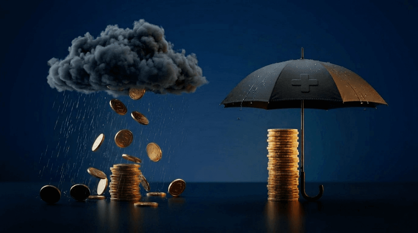 Umbrella with a health cross shielding a stack of coins from rain, illustrating health benefits protecting a contract engineer's pay