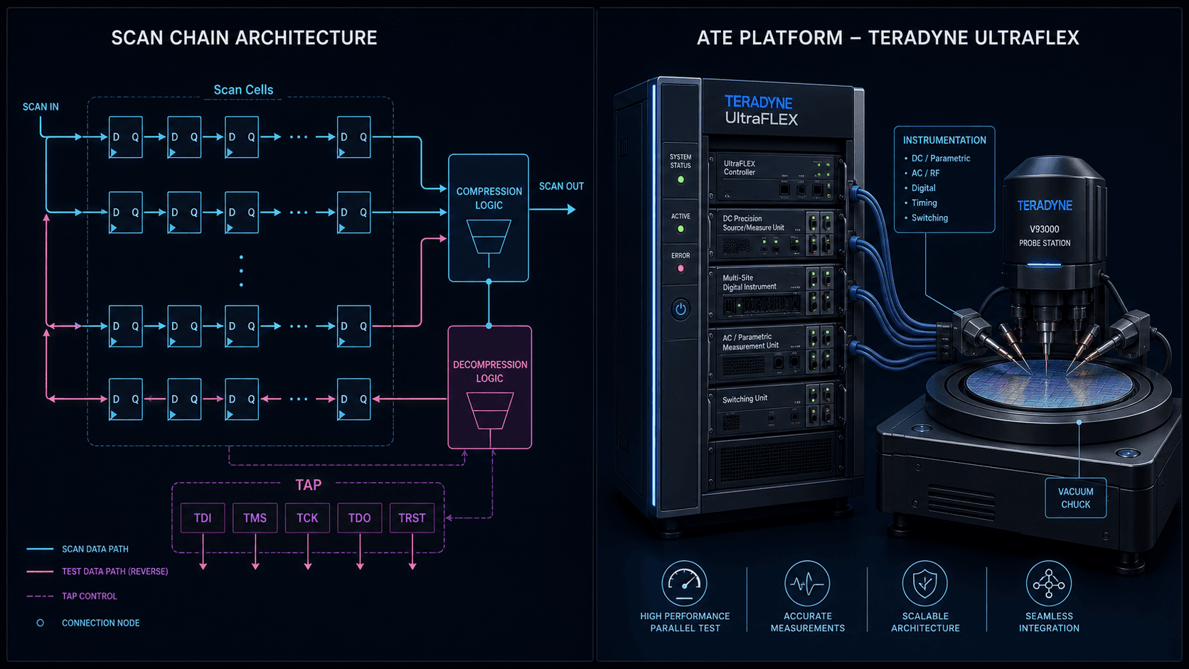 Split-frame dark illustration of scan-chain architecture alongside UltraFLEX-class ATE connected to a wafer probe station.